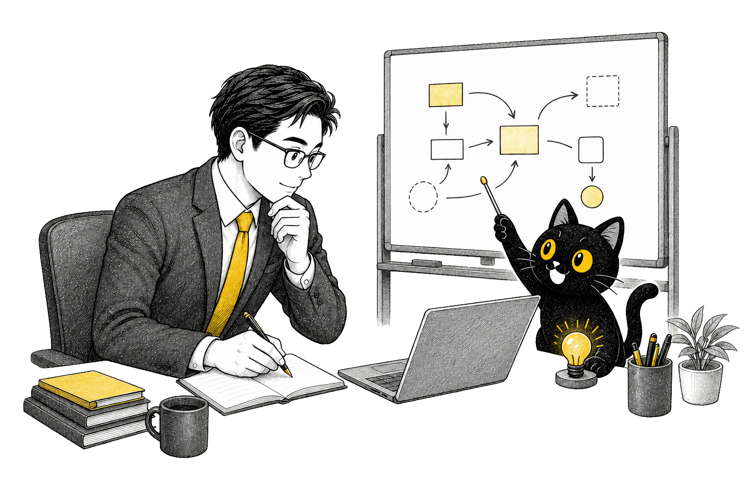経営者がAI顧問と相談しながら手を動かす