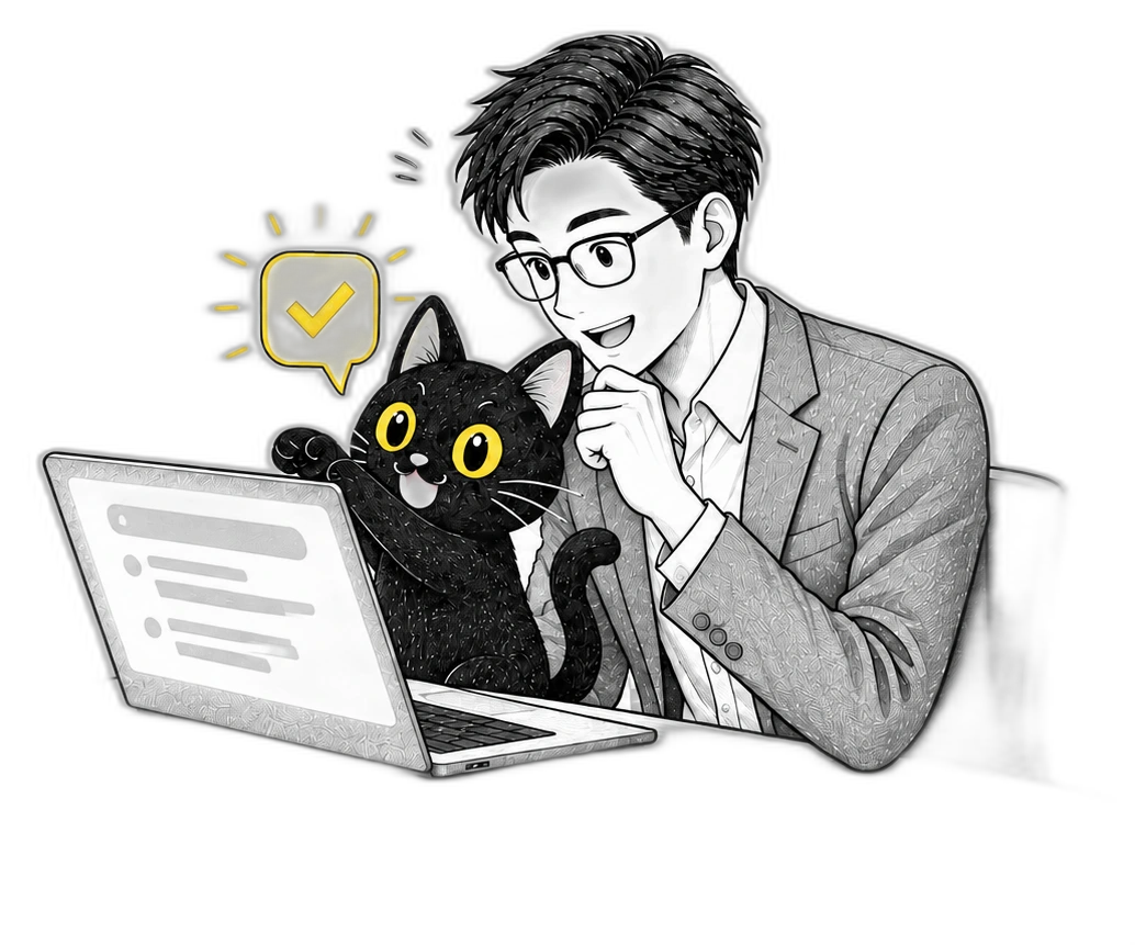 黒猫がAIの回答を見つけて知らせる